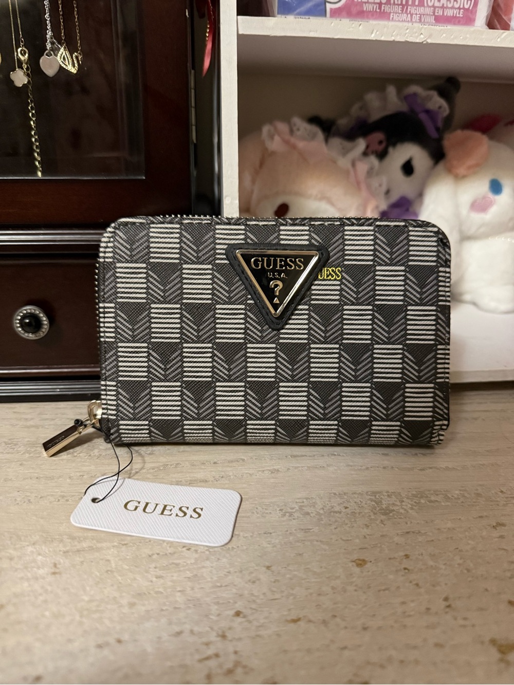 GUESS Black & White Checkered Zip Wallet with Gold Accents